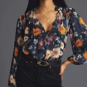 Anthropologie The Estela navy floral sheer blouse